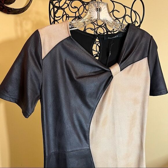 COURAGE.b BLACK/BEIGE FAUX LEATHER/SUEDE ROMATA DRESS S NWT - Picture 2 of 16